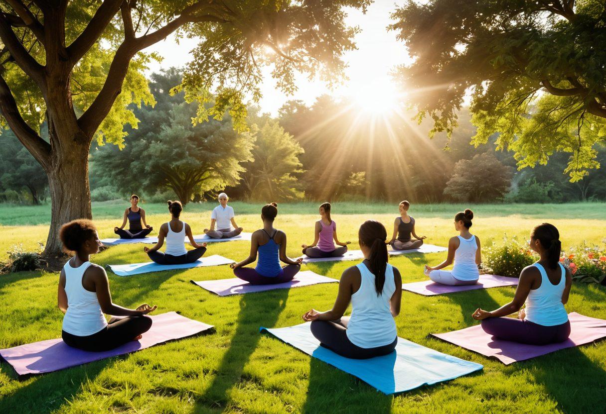 A calm and serene landscape featuring a diverse group of individuals engaging in various healthy activities like yoga, meditation, and cooking nutritious meals. In the background, a bright sun rises, symbolizing hope and renewal, while trees and flowers bloom vibrantly. The scene conveys a sense of community and well-being, promoting the idea of living well despite health challenges. super-realistic. vibrant colors. 3D.