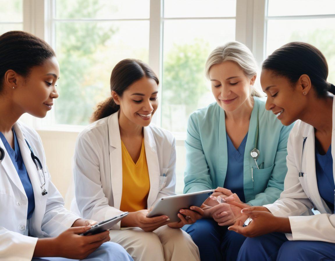A diverse group of survivors, including individuals of various ages and backgrounds, discussing treatment options in a bright, supportive environment. The scene includes visuals of clinical trial information on a digital tablet, while a compassionate healthcare professional engages with them. Hopeful expressions and a soft light filtering through large windows symbolize empowerment and healing. watercolor style. warm colors. inviting atmosphere.